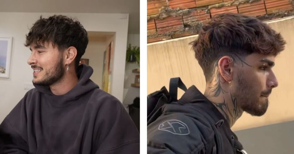 Short messy textured crop haircut with high skin fade.