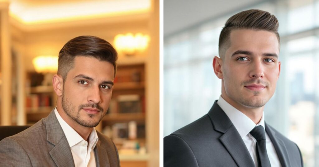 Textured modern comb over for men with volume and a matte finish.