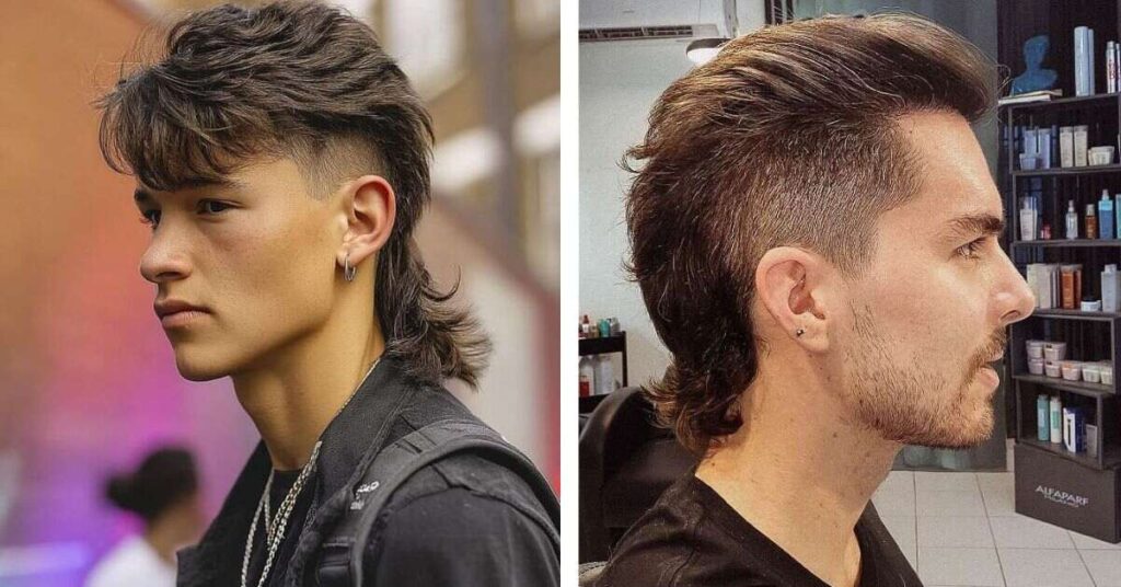 Mohawk Mullet with shaved sides and long nape.