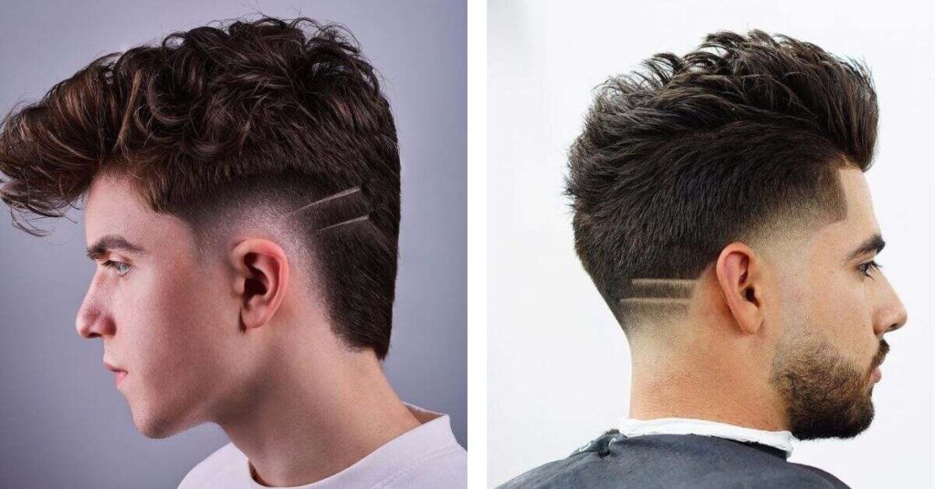 Modern Mullet with surgical lines and hair tattoos.