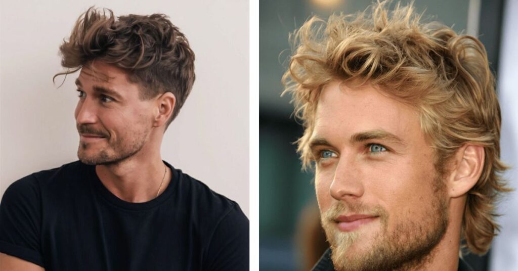 Casual disheveled messy top haircut for a natural look.