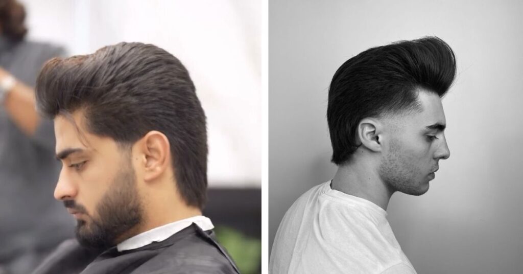 Pompadour Mullet with high-volume front quiff.