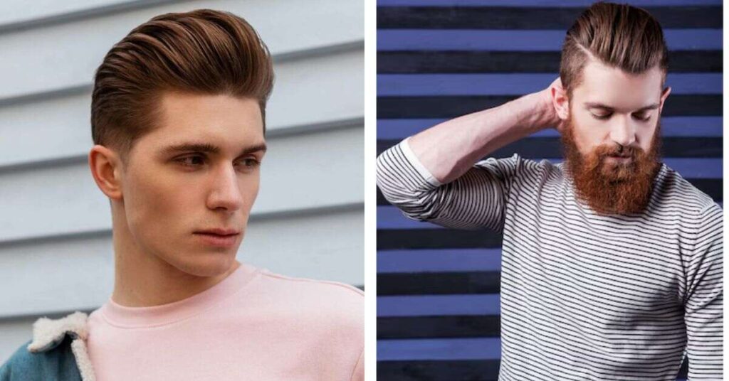 Casual messy pompadour hairstyle with high skin fade and natural texture.