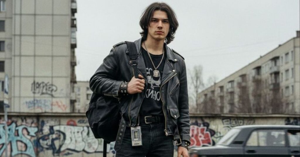 Rugged rocker mod hairstyle lived-in look.