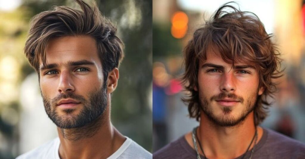 Long messy shag hairstyle for men with a sharp high fade.