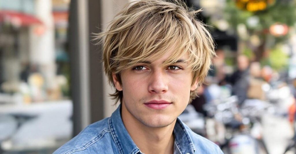 Long shaggy layers to add movement for men with straight hair.