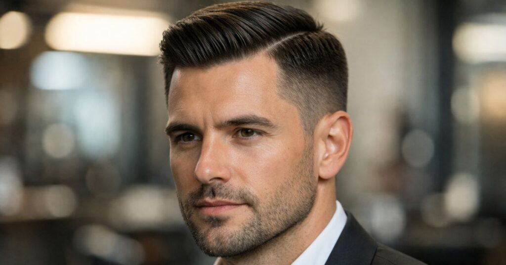 Low-maintenance short comb over for men with clean tapered sides.