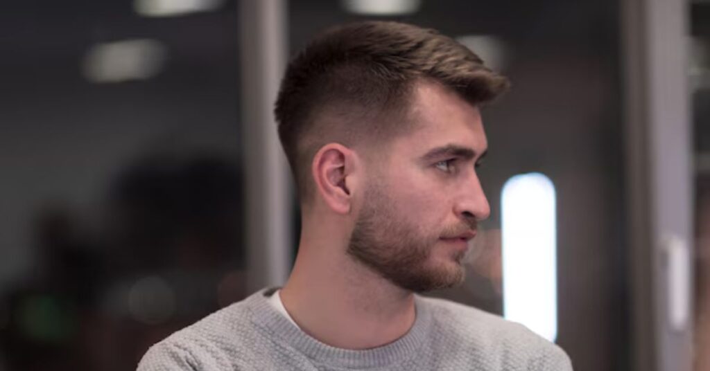 Clean side part styling with a bold undercut for men.