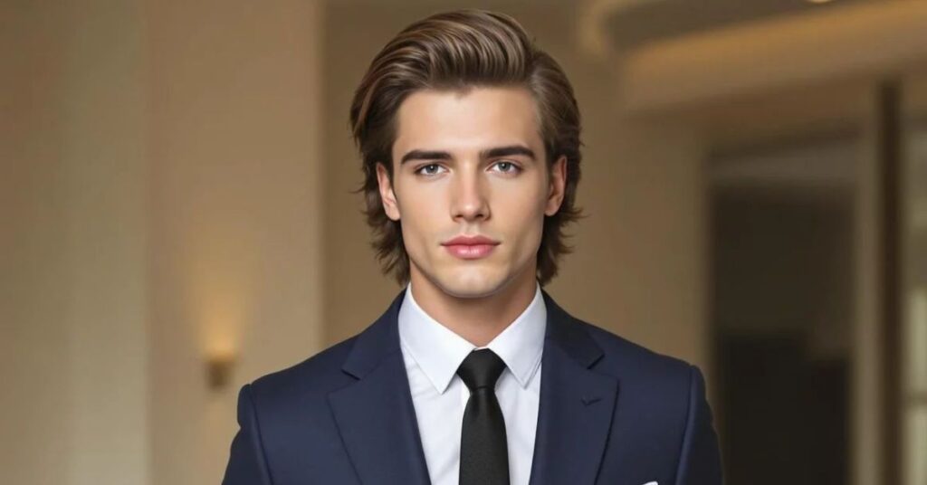 Sleek Side-Slicked Long Parting Korean hairstyle cut with a high-gloss finish for formal looks.