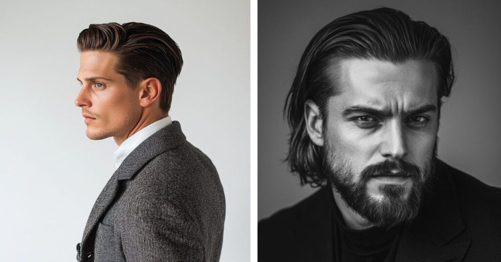 Classic slick back comb over for men with high-shine finish and a neat side-swept look.