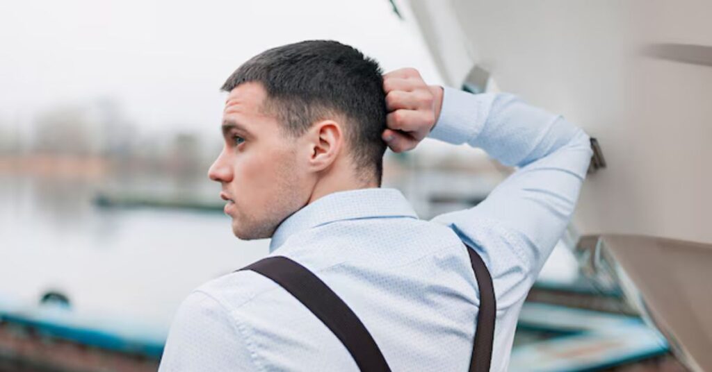 Formal slicked-back haircut with a precise side partition.