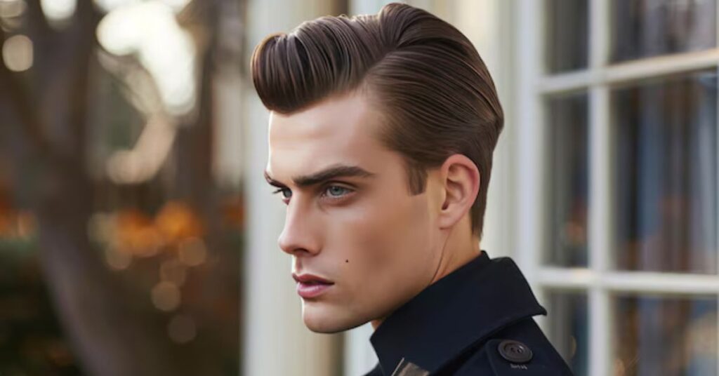 Modern slicked-back side part with high contrast fade.