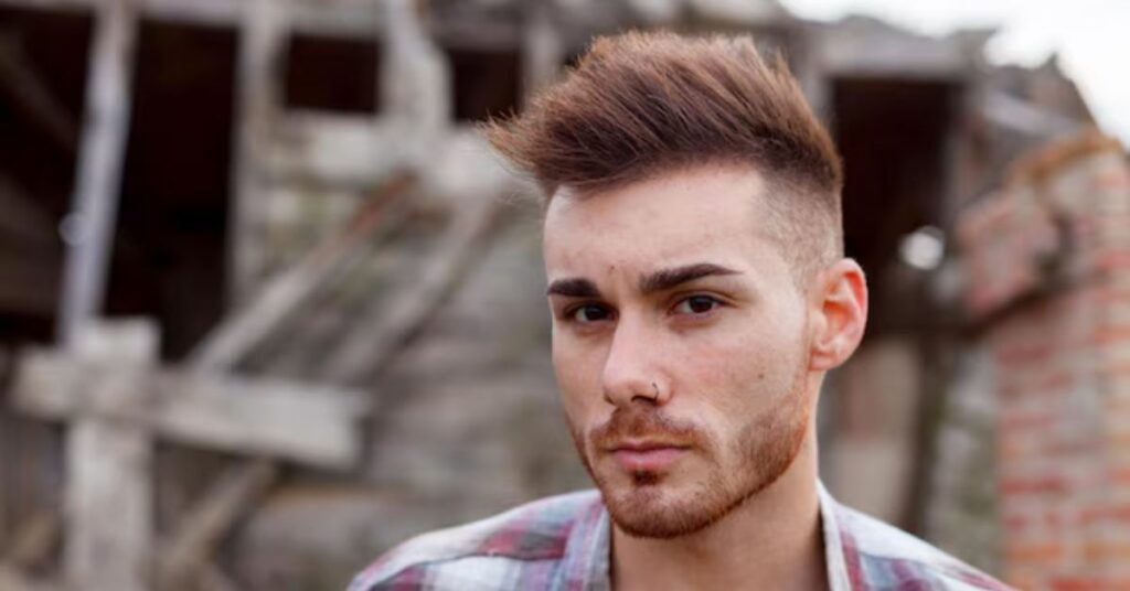 Modern faux hawk hairstyle with blended high fade for men.