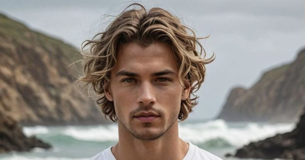 Relaxed shoulder-length surfer hair for men with straight hair.