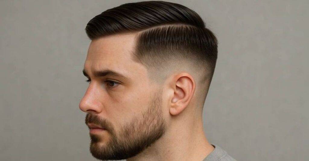 Polished taper fade comb over for men with a gradual side-part transition and clean edges.