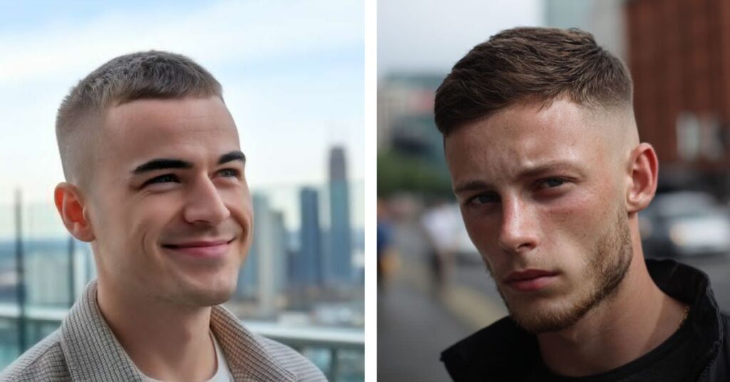 Temple fade crew cut with sharp front edges