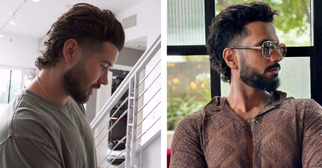 Modern mod mullet with tapered back.