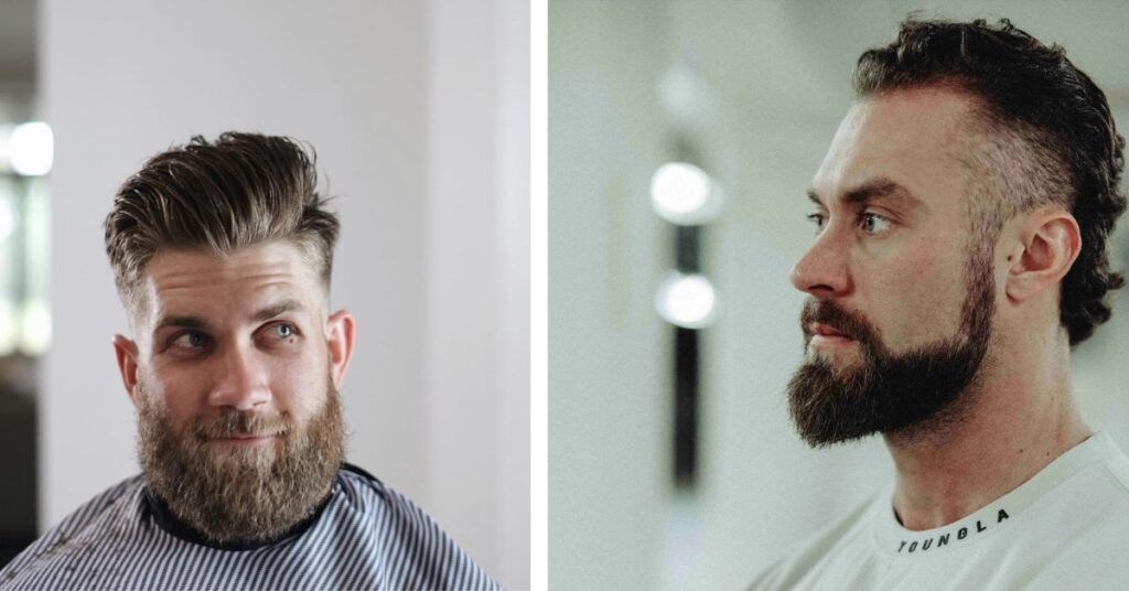 Modern mullet haircut paired with full beard.