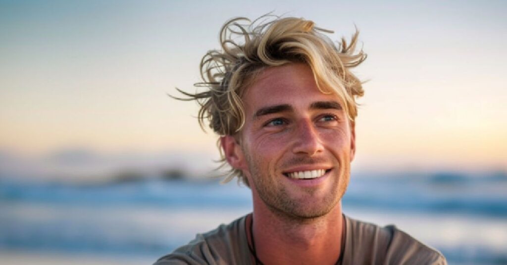 Long relaxed 'Oppa' Surfer Korean hairstyle cut with beachy waves and a soft middle part.