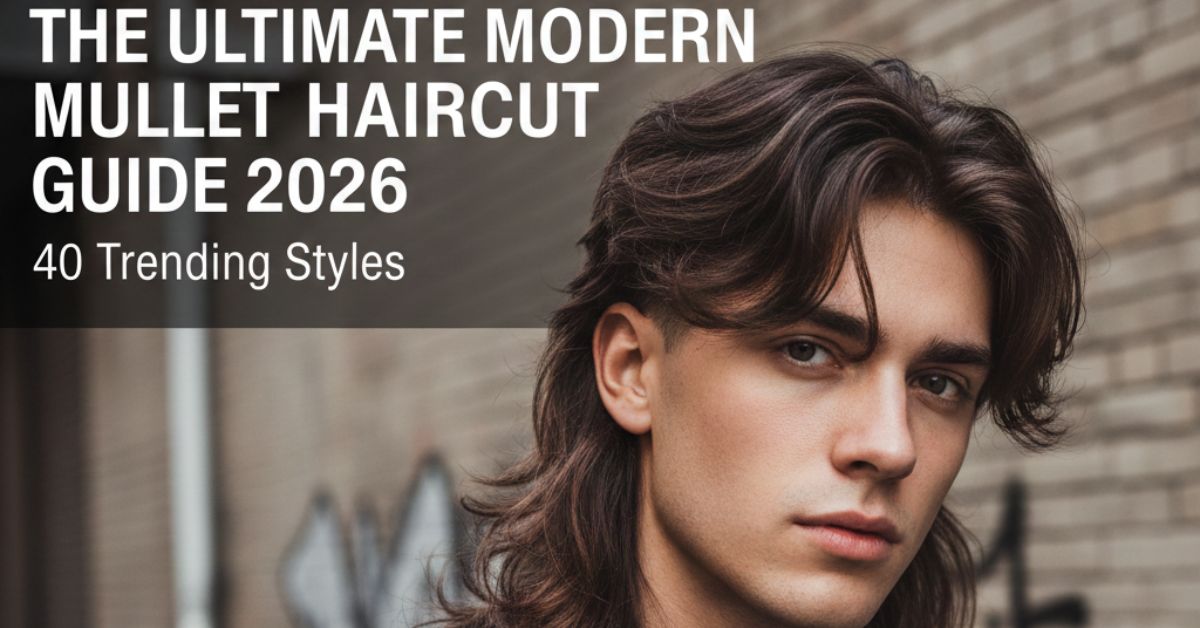 Modern mullet haircut guide 2026 for men featuring a textured wavy style with urban background.