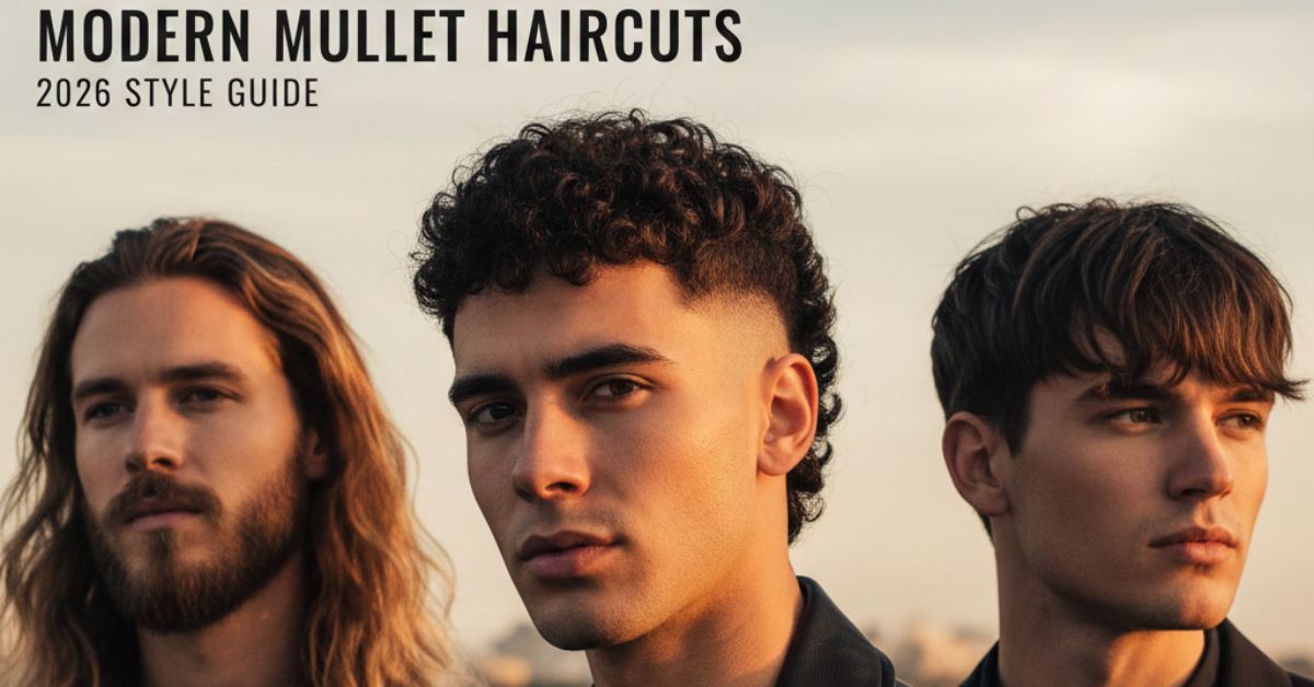 Three men showcasing different modern mullet haircut styles for 2026.
