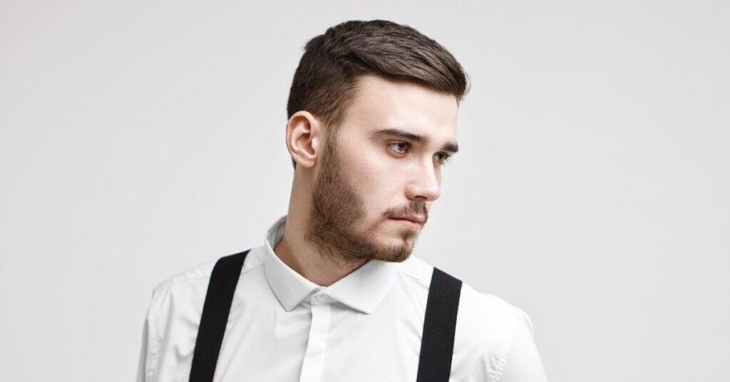 Uniform length crew cut with evenly clipped short hair