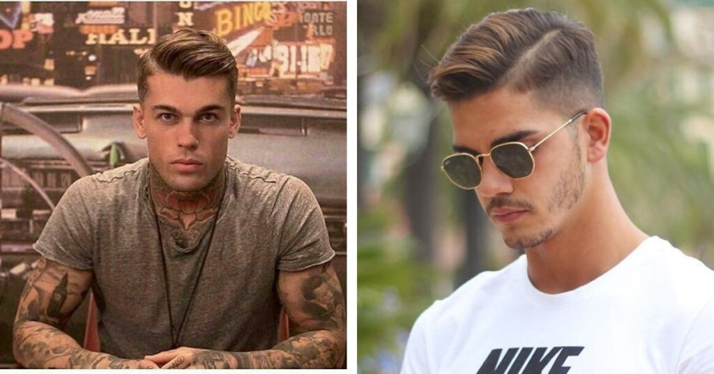 Classic wet look comb over for men with high-shine pomade and a sleek side-parted finish.