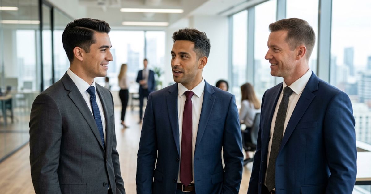 Three men in business suits talking in a modern office, each with a different neat business haircut