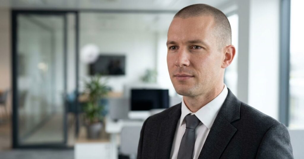 Buzz cut with short, even hair all over and a lightly tapered neckline and temples, worn with a dark suit and tie