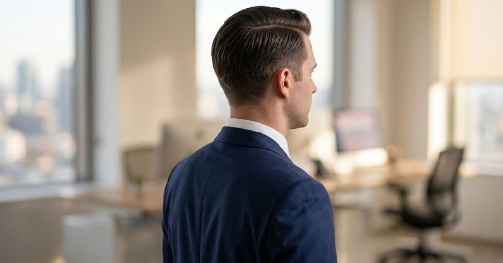 Ivy League cut for men seen from the side and back, with tapered sides, a clean neckline, and short hair on top brushed back into a natural part