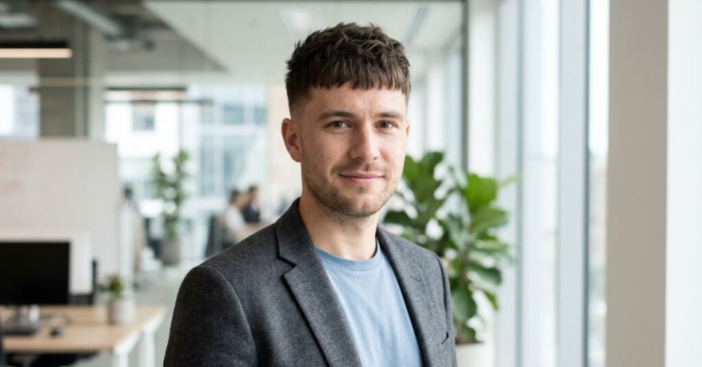 Textured crop business haircut for men with short faded sides, choppy textured hair on top, and a short fringe sitting above the eyebrows