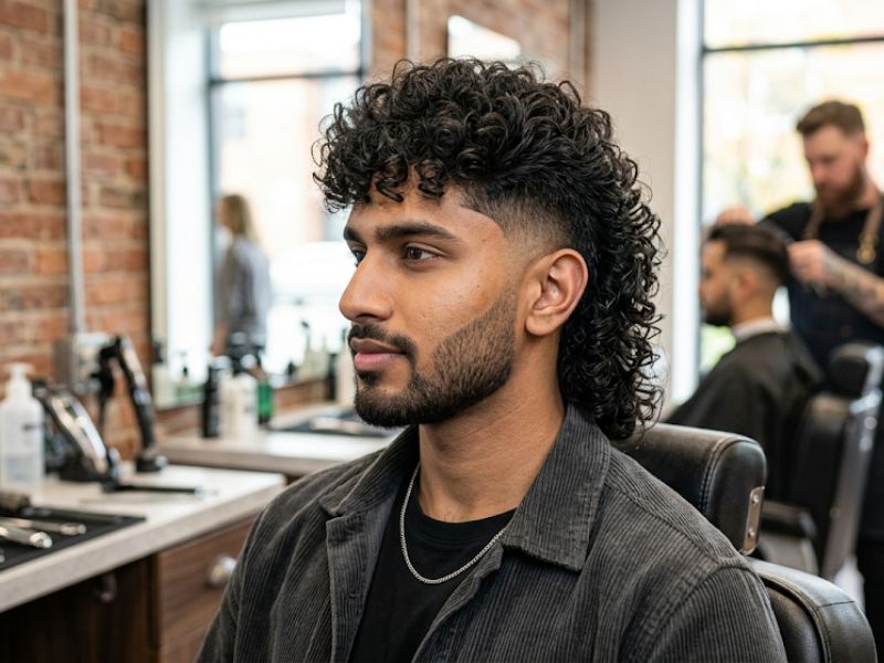 Curly Burst Fade Mullet
